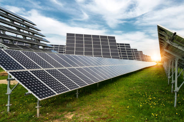 istock Solar panels, photovoltaics, with sun tracking systems -  alternative electricity source, concept of sustainable resources 1129106194