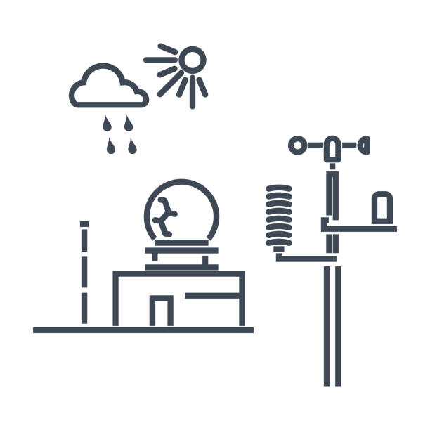 얇은 선 아이콘 날씨 역, 레이더 - anemometer meteorology weather barometer stock illustrations