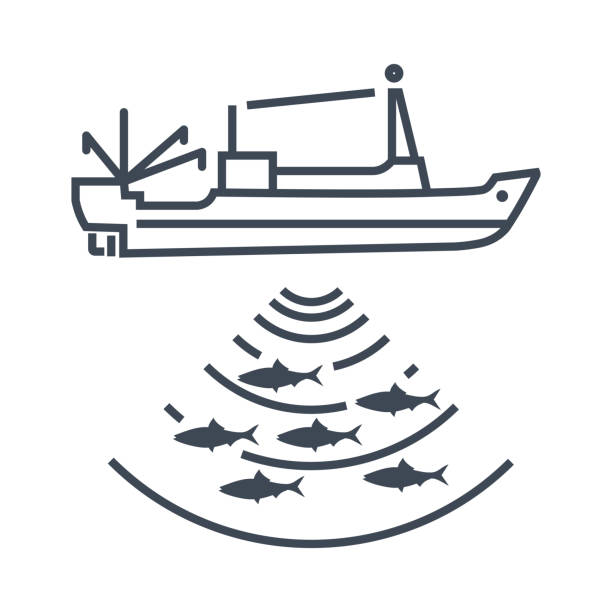 thin line icon fishing vessel, trawler, seiner, radar vector art illustration