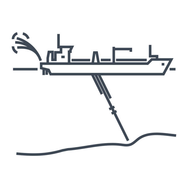 ilustraciones, imágenes clip art, dibujos animados e iconos de stock de nave de draga de icono de línea delgada - draga