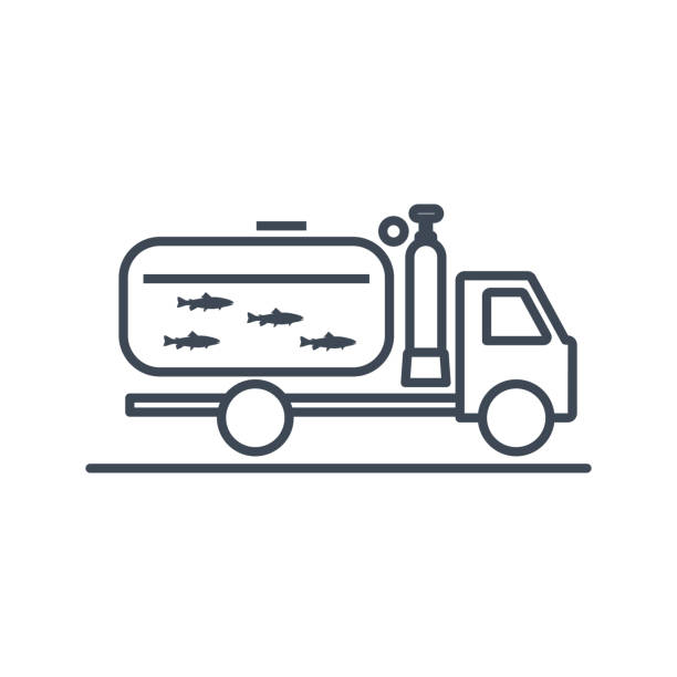 細い線アイコン交通、新鮮な生きている魚の配信 - truck transportation fish industry点のイラスト素材／クリップアート素材／マンガ素材／アイコン素材