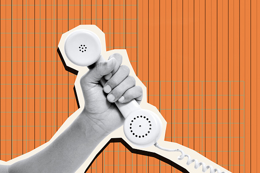 a cutout of the hand of a man holding the handset of a telephone, in black and white, on a orange background patterned with vertical lines, as a contemporary art collage