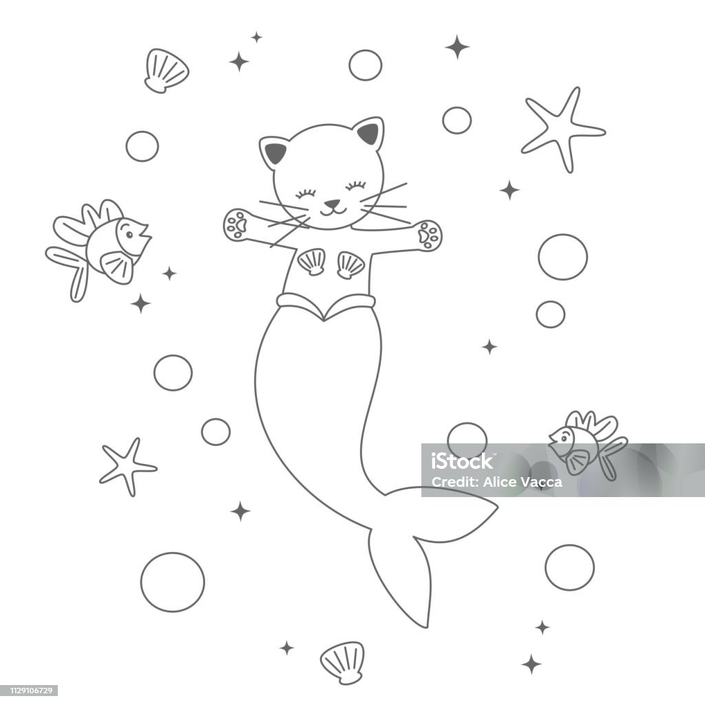 cute cartoon black and white mermaid cat under the sea vector funny illustration for coloring art Animal stock vector