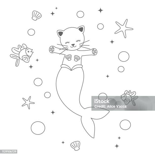 Cute Cartoon Black And White Mermaid Cat Under The Sea Vector Funny Illustration For Coloring Art Stock Illustration - Download Image Now