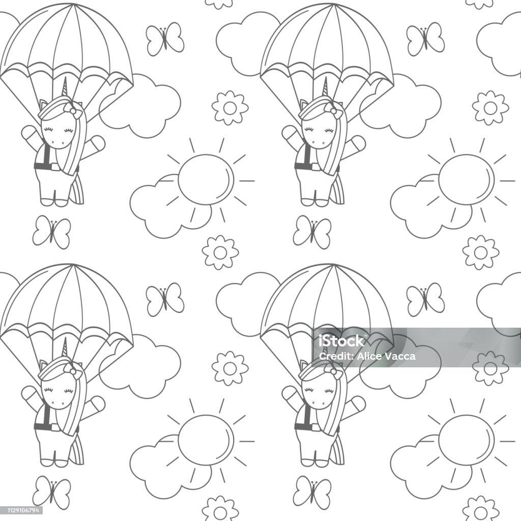 cute lovely black and white cartoon unicorn flying with parachute funny seamless vector pattern background illustration for coloring art Doodle stock vector