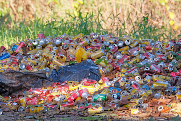 Porto Jofre, Mato Grosso, Brazil, July 25, 2018: Littering of aluminum beverage cans in the middle of the nature paradise of Pantanal, Porto Jofre, Mato Grosso, Brazil, South America on July 25, 2018