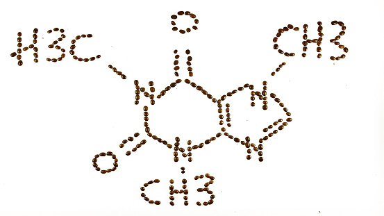 chemical formula of caffeine isolated on white