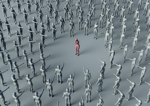 High resolution digital image of a crowd of figures pointing at, and shaming, a single figure separated from the crowd and placed in the center. All the pointing figures are gray, naked, hairless mannequins, with no genitalia or distinguishing features. Their expressions are blank and neutral. The figure they are shaming is scarlet pink, and holds its hands over its face in a universally recognized gesture of shame.

This image is intended to depict shaming in the modern era, and illustrates the anonymity and mob mentality that are present in online interactions, particularly those occurring on social media, but it can also illustrate concepts related to self consciousness, mental health, bullying, condemnation and embarrassment.