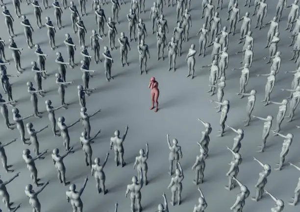 High resolution digital image of a crowd of figures pointing at, and shaming, a single figure separated from the crowd and placed in the center. All the pointing figures are gray, naked, hairless mannequins, with no genitalia or distinguishing features. Their expressions are blank and neutral. The figure they are shaming is scarlet pink, and holds its hands over its face in a universally recognized gesture of shame.

This image is intended to depict shaming in the modern era, and illustrates the anonymity and mob mentality that are present in online interactions, particularly those occurring on social media, but it can also illustrate concepts related to self consciousness, mental health, bullying, condemnation and embarrassment.