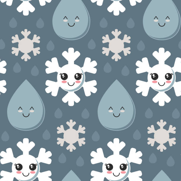 ilustraciones, imágenes clip art, dibujos animados e iconos de stock de patrón transparente de vector con lindo copo de nieve sonriente, se enfrenta a gota de lluvia. - seamless pattern meteorology snowflake