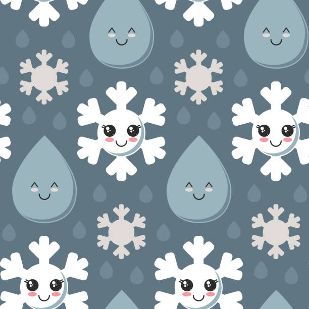 illustrations, cliparts, dessins animés et icônes de modèle sans soudure de vecteur avec flocon de neige mignon souriant, goutte de pluie fait face. - seamless pattern meteorology snowflake