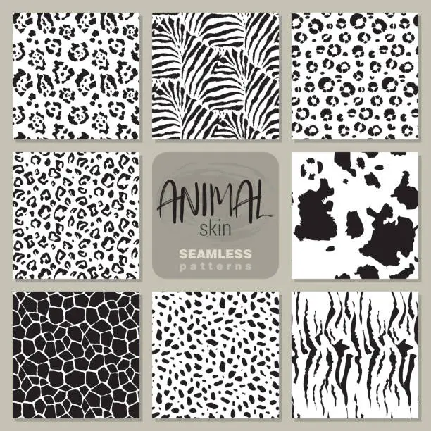Vector illustration of Collection of eight vector seamless patterns with animal skin zebra, leopard, jaguar, giraffe cow.