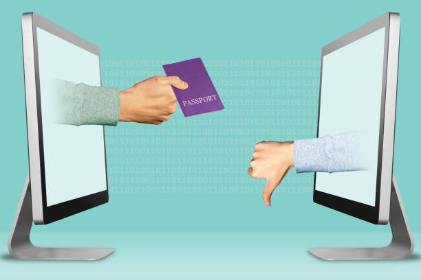 istock electronic concept, two hands from displays. passport and thumbs down, dislike. 3d illustration 1129110550