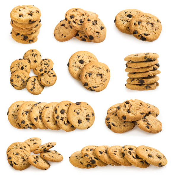 Big set of american chocolate chip cookies  on white Big set of american chocolate chip cookies isolated on white background. Sweet homemade biscuits. chocolate chip cookie stock pictures, royalty-free photos & images