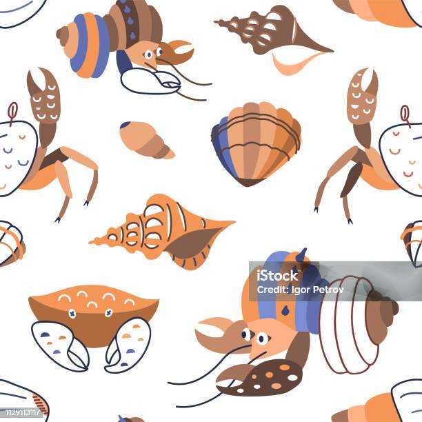 Seamless Pattern With Cute Crab Shell And Lobster Stock Illustration - Download Image Now