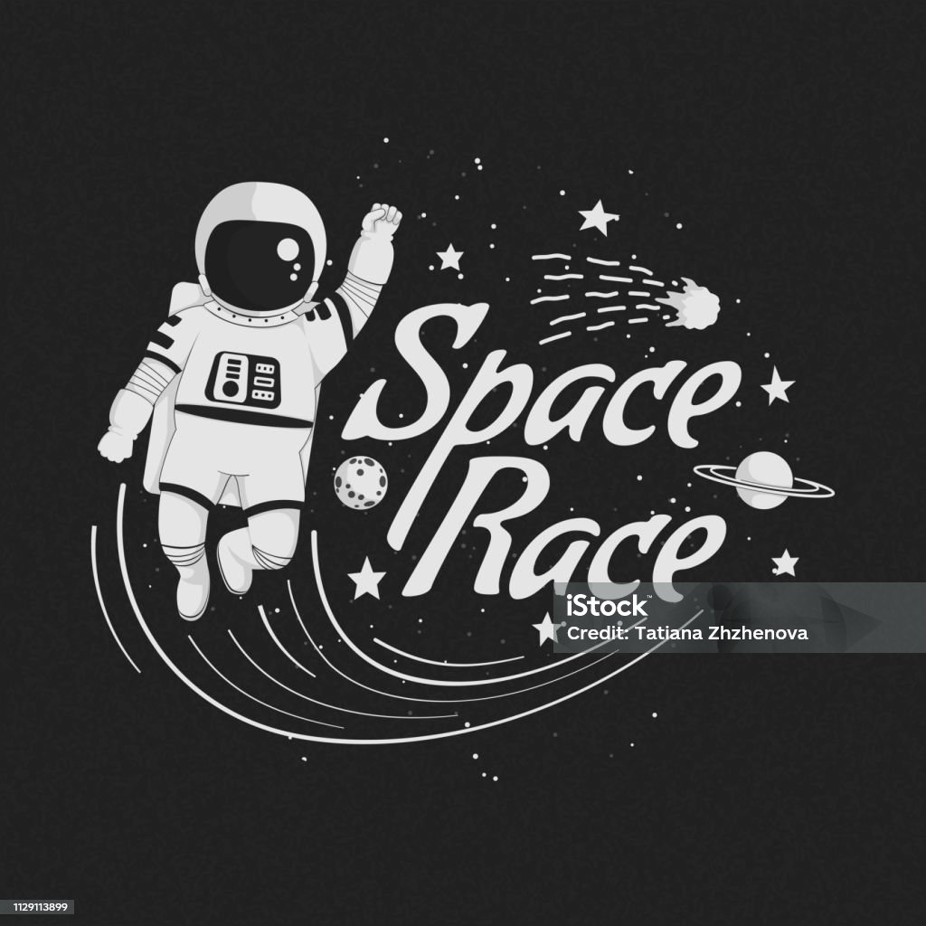 Space race vector illustration, poster, t-shirt design. Monochrome cartoon astronaut flying with raised fist with planets, constellations, comet and stars on a dark background. Space race vector illustration, poster, t-shirt design. Monochrome cartoon astronaut flying with raised fist with planets, comet, constellations and stars on a dark background. Astronaut stock vector