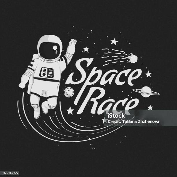 Space Race Vector Illustration Poster Tshirt Design Monochrome Cartoon Astronaut Flying With Raised Fist With Planets Constellations Comet And Stars On A Dark Background Stock Illustration - Download Image Now