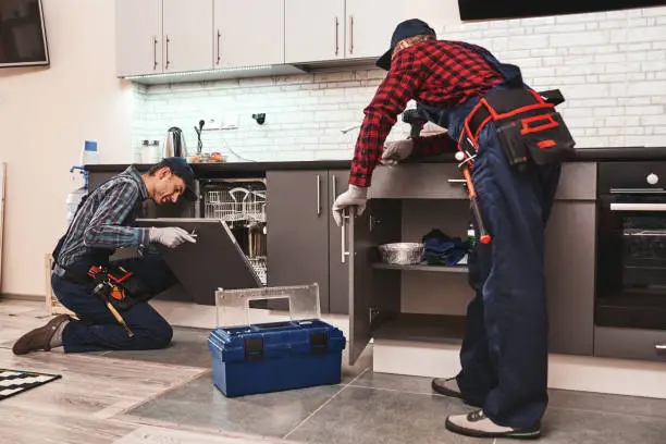 Photo of Learning from the best. Two men technician sitting near dishwasher