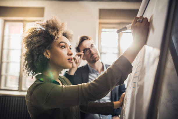 istock Young colleagues writing a business strategy on a whiteboard in the office. 1129118844