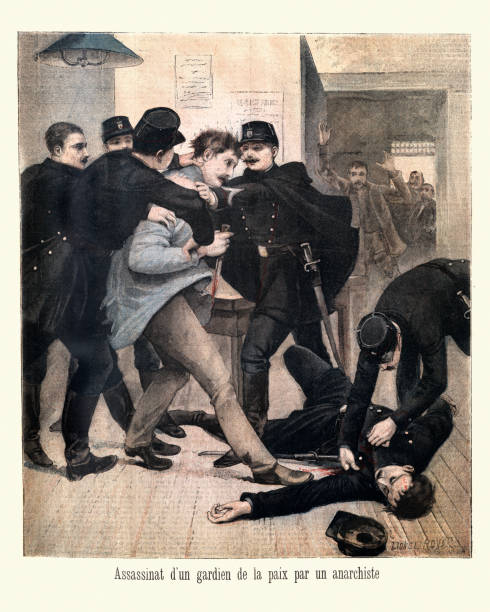 ilustraciones, imágenes clip art, dibujos animados e iconos de stock de asesinato de un policía por un anarquista, francia, 1895 - policia antigua francia