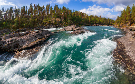 Rapids on the Sjoa river in Oppland County of Eastern Norway, Scandinavia, popular for rafting, kayaking, riverboarding and other activities