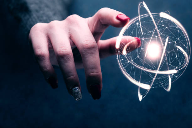 istock Woman touching sphere social connection technologies. Mixed media. 1129121423
