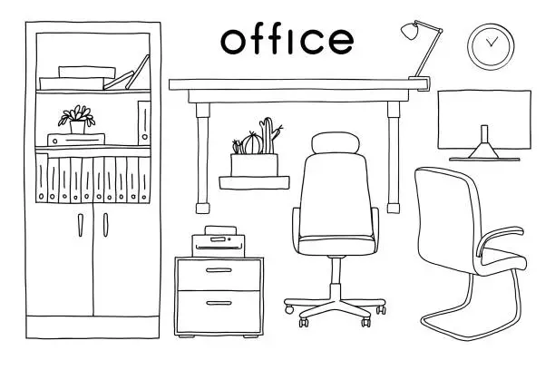 Vector illustration of Sketch the room. Office chair, desk, various objects on the table. Sketch workspace. Vector illustration