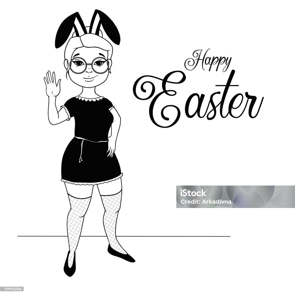 Sweet girl in a dress waving her hand. Rabbit ears on the head. Happy easter. Bunny Girl stock vector