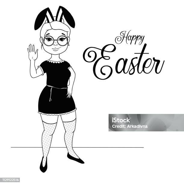 Sweet Girl In A Dress Waving Her Hand Rabbit Ears On The Head Happy Easter Stock Illustration - Download Image Now