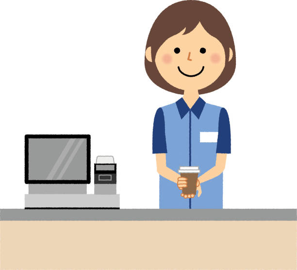 Female clerk,Coffee Illustration of a female clerk who provides coffee. convenience store stock illustrations