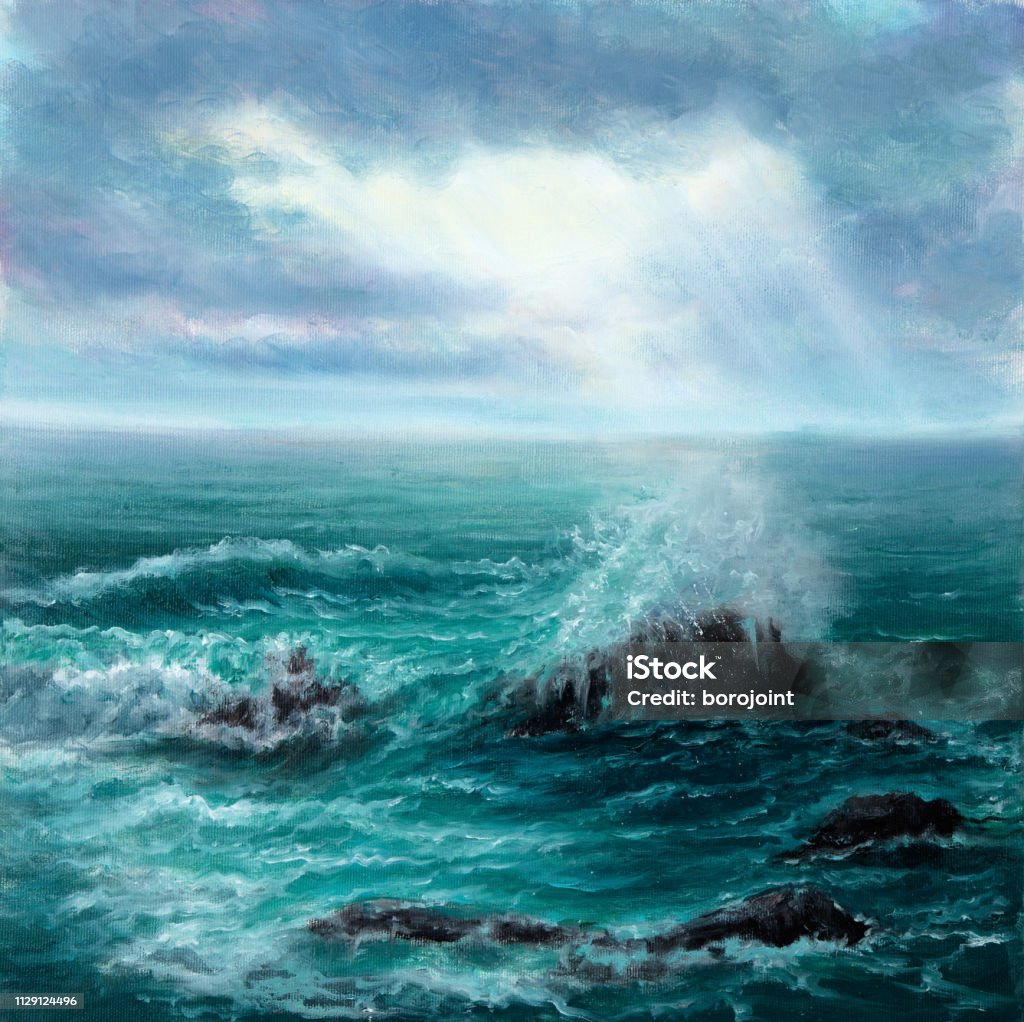 Ocean waves Original oil painting showing waves in  ocean or sea on canvas. Modern Impressionism, modernism,marinism"n Sea stock illustration