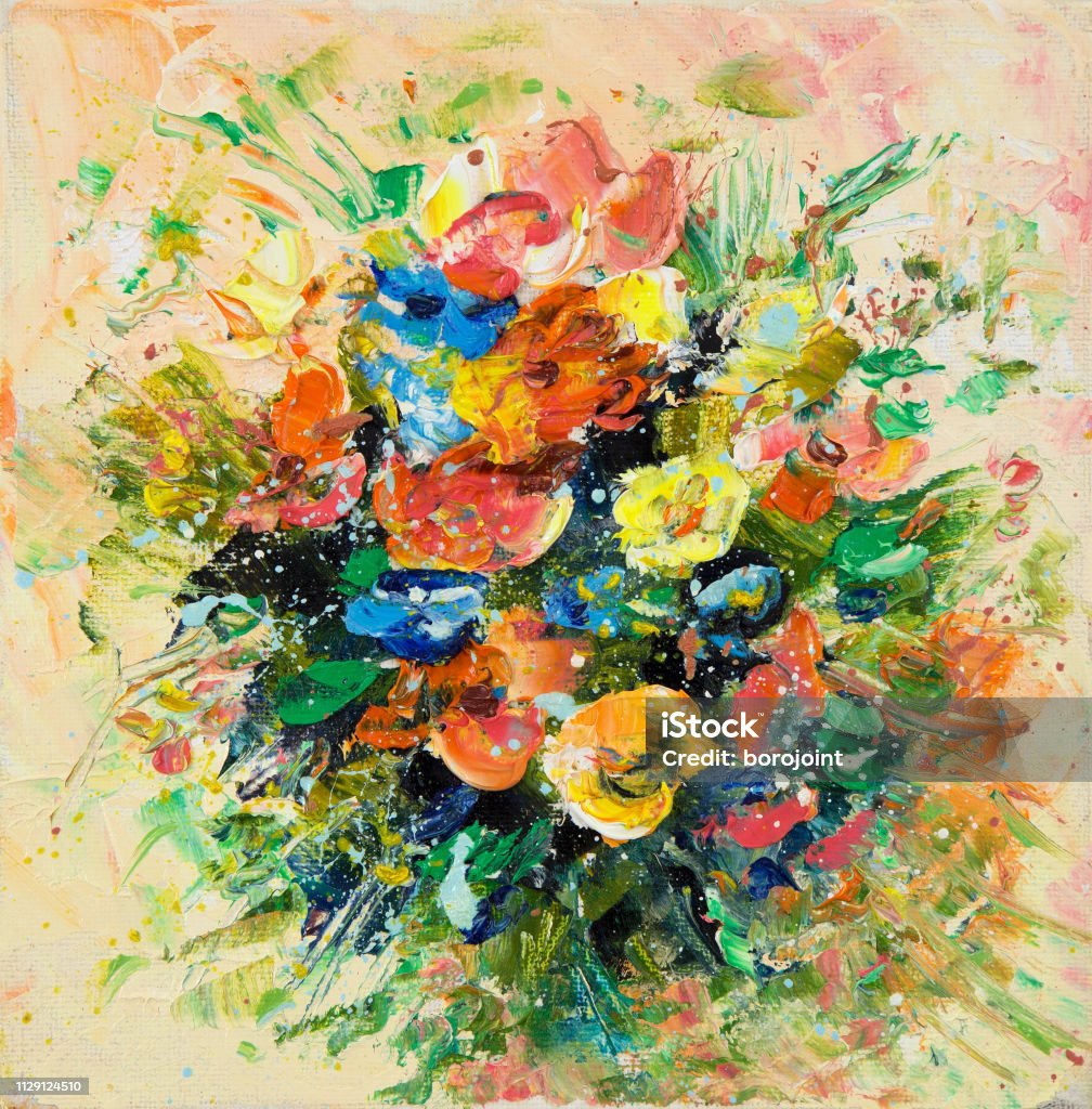 Fresh flowers Original oil painting showing fresh flowers bouquet on canvas.Modern Impressionism, modernism,marinism Abstract stock illustration