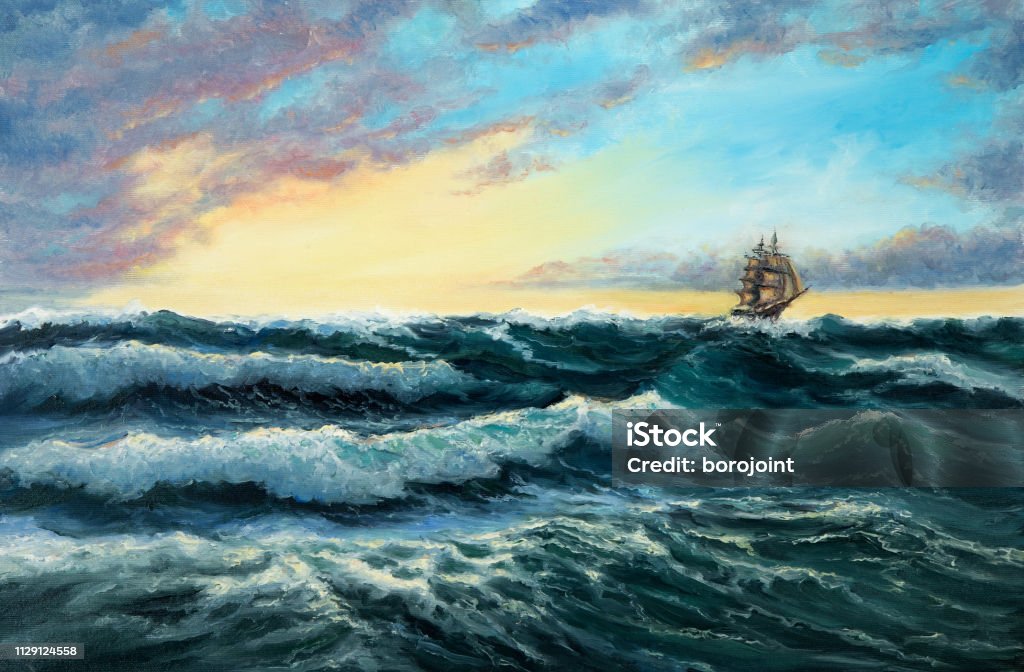 Ship in ocean Original oil painting showing  ship   in  stormy ocean or sea on canvas. Modern Impressionism, modernism,marinism"n Sea stock illustration