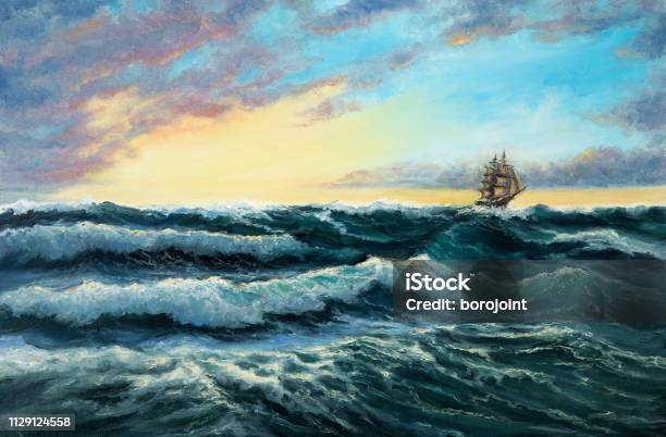 Ship In Ocean Stock Illustration - Download Image Now - Sea, Oil Painting, Storm