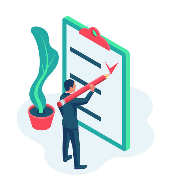 Completed task. Vector illustration isometric design Completed task. Vector illustration isometric design. Isolated on background. Clipboard with goals and deadlines. Businessman holding a big pencil. Successful marked checklist. man doing household chores stock illustrations