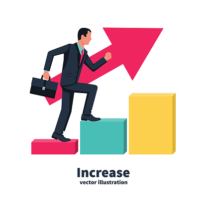 Business growing. Businessman walking on stair. Graph to success. Man goes up step by step. Vector illustration flat design. Isolated on white background. Man in a suit with a suitcase.