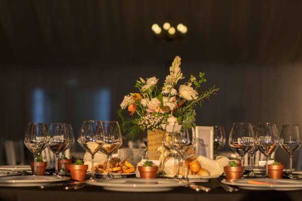 istock Wedding decorations. Decoration of the hall, restaurant. Black tablecloth on Round table. 1129125407