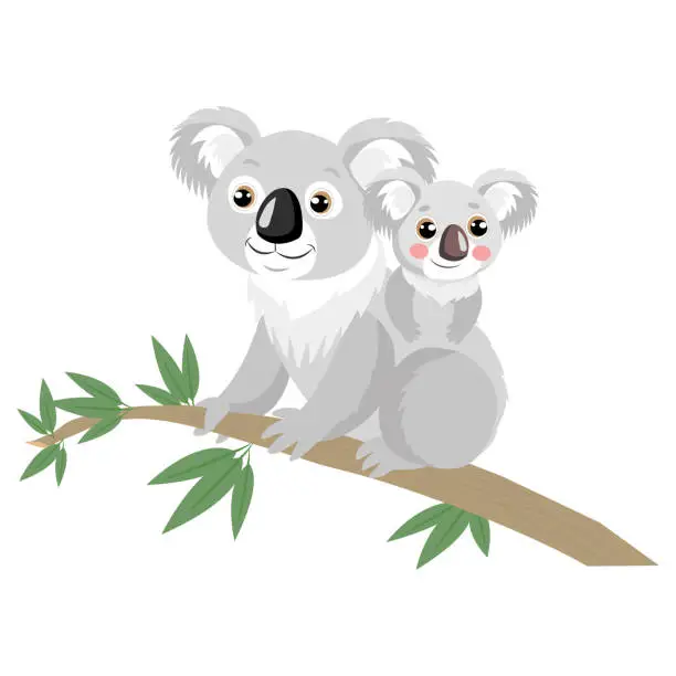 Vector illustration of Mother And Baby Koala Bear On Wood Branch With Green Leaves.