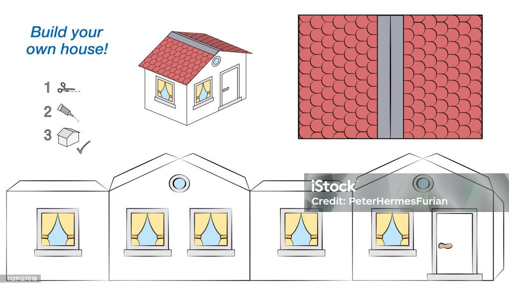 House paper model. Easy template - comic cottage with white walls and red roof. Cut out, fold and glue it. Isolated vector illustration on white background. House stock vector