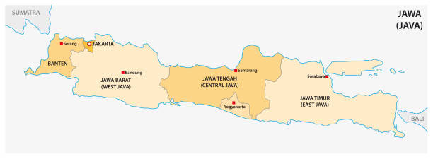 ilustraciones, imágenes clip art, dibujos animados e iconos de stock de mapa simple vector administrativo y político de la isla indonesia de java - java