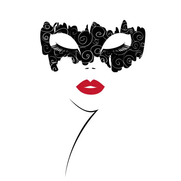 Vector illustration of Woman face with red lips in black mask with white decoration print. Vector illustration