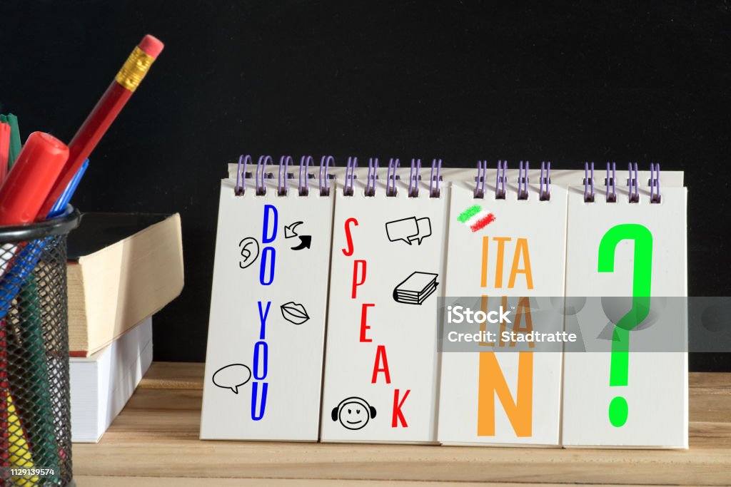 Dictionary for Italian language, textbook and question Speak Italian Learning Stock Photo