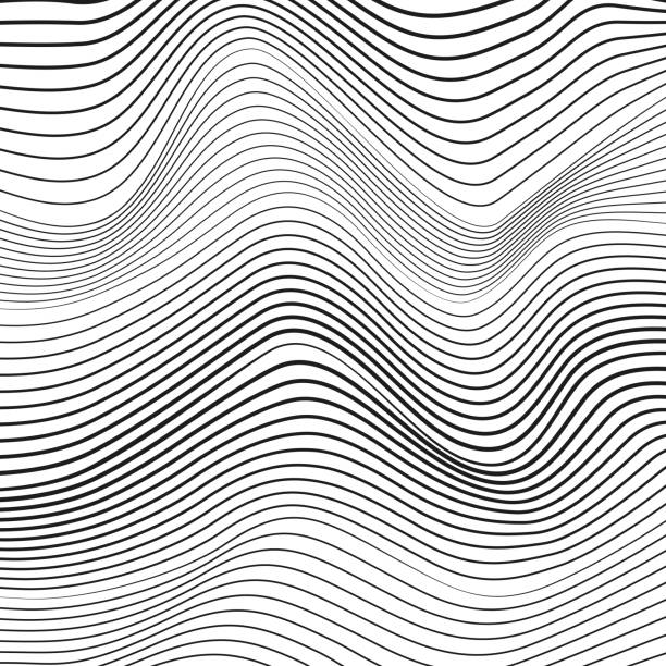 흰색 바탕에 검은 표시선 라인입니다.  흑백 가로 아트 디자인입니다. 벡터 간단한 패턴입니다. 추상 디지털 그래픽, 변형된 표면입니다. 기술 개념, 얇은 곡선, 미묘한 라인입니다. eps10 그림 - abstract communication wave pattern striped stock illustrations