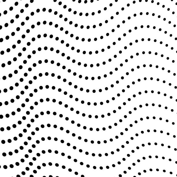 흰색 바탕에 검은 점. 흔들며 라인 질감. 흑백 가로 아트 패턴입니다.  벡터 공기 파도입니다. 추상 하프톤 디지털 그래픽, 기형된 발견된 곡선입니다. 기술 개념입니다. eps10 그림 - textured sine wave spotted halftone pattern stock illustrations