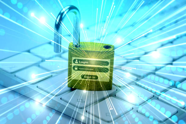 A computer and a padlock with a login page A computer and a padlock with a login page büro stock pictures, royalty-free photos & images