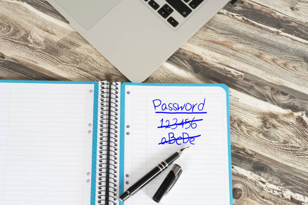 A computer and a booklet with passwords A computer and a notebook with passwords büro stock pictures, royalty-free photos & images
