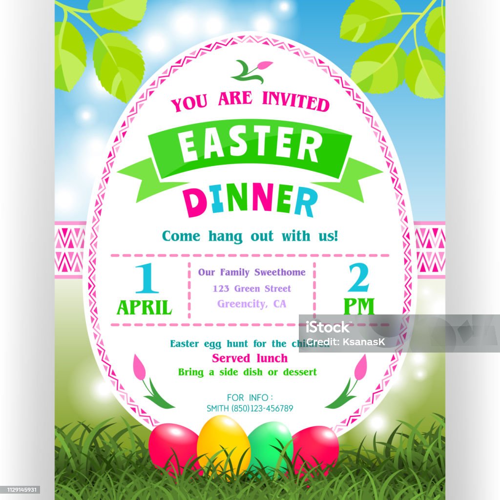 Easter dinner announcing poster template. Text customized for invitation with details about the date, time, location. Colorful eggs, ornaments and shining spring background. Vector illustration. Advertisement stock vector