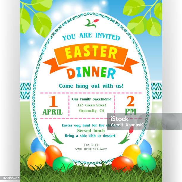 Easter Dinner Announcing Poster Template With Colorful Eggs Hidden In Grass Stock Illustration - Download Image Now