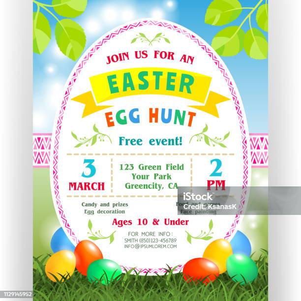 Easter Egg Hunt Announcing Poster Template With Colorful Eggs At Green Lawn Stock Illustration - Download Image Now