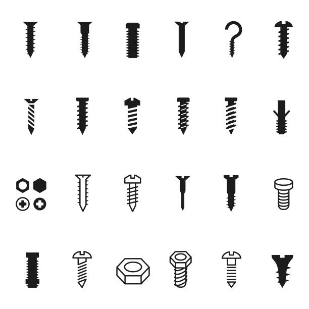 ilustraciones, imágenes clip art, dibujos animados e iconos de stock de conjunto de iconos de tornillo - hand drill illustrations